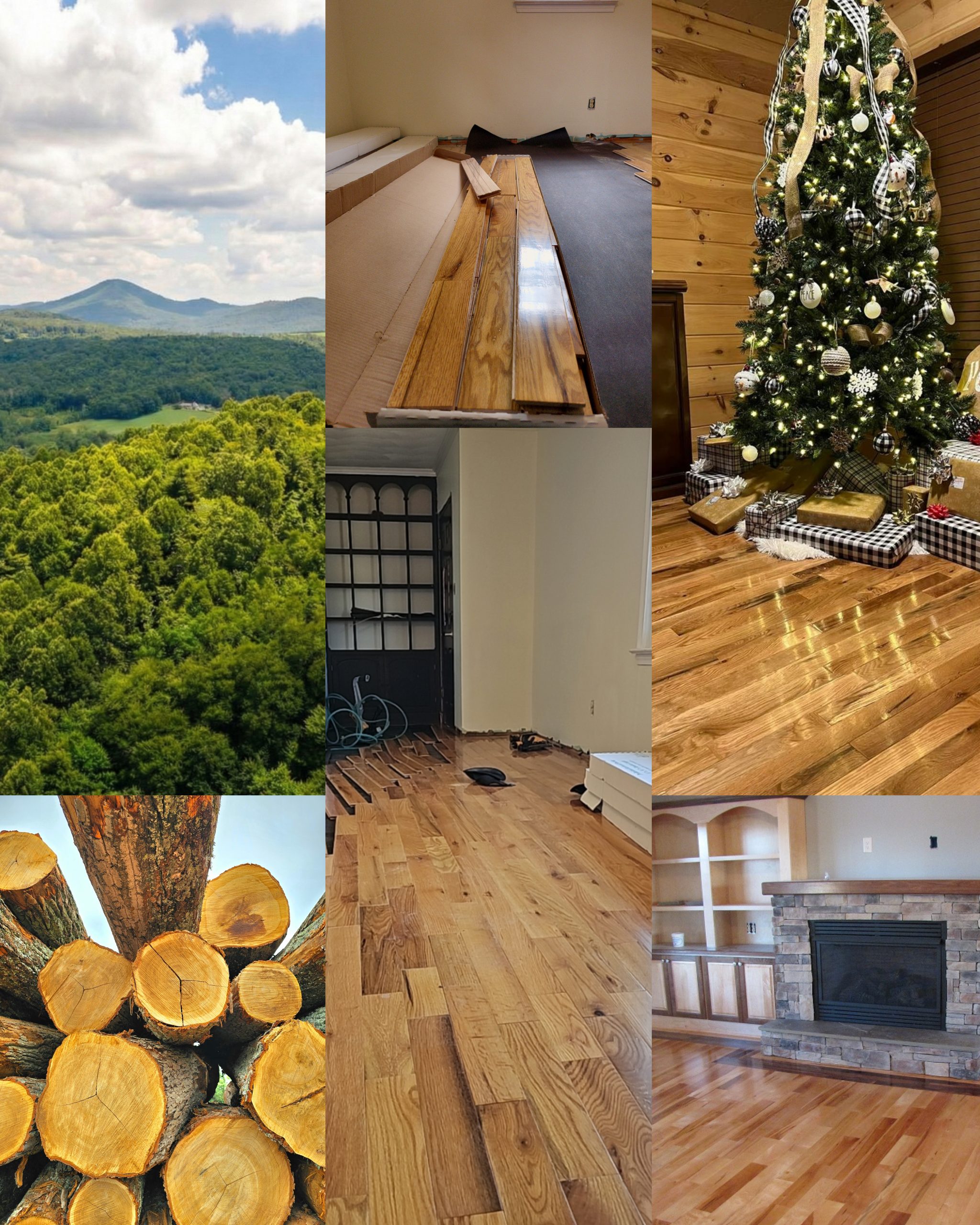 Appalachian Forest-to-Floor Hardwood Process Collage – Virginia, Turman Hardwood Flooring Collage showing Turman Hardwood Flooring's forest-to-floor hardwood process in Virginia: Appalachian mountain forests, raw logs, in-progress wood flooring installations, and finished interiors with completed hardwood floors.