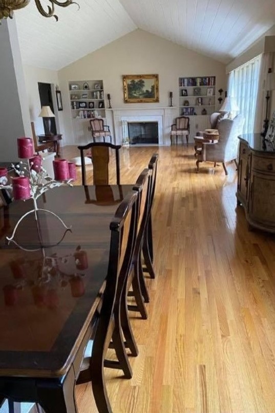 Virginia Appalachian Hardwood Flooring in a Light-Finished Dining & Living Room Light-finished Appalachian hardwood flooring in a Virginia dining and living room with natural light and traditional furnishings.