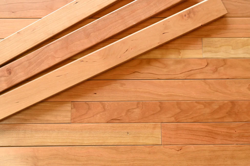 Prefinished Choice grade Cherry hardwood flooring with a natural finish and micro-bevel edges.