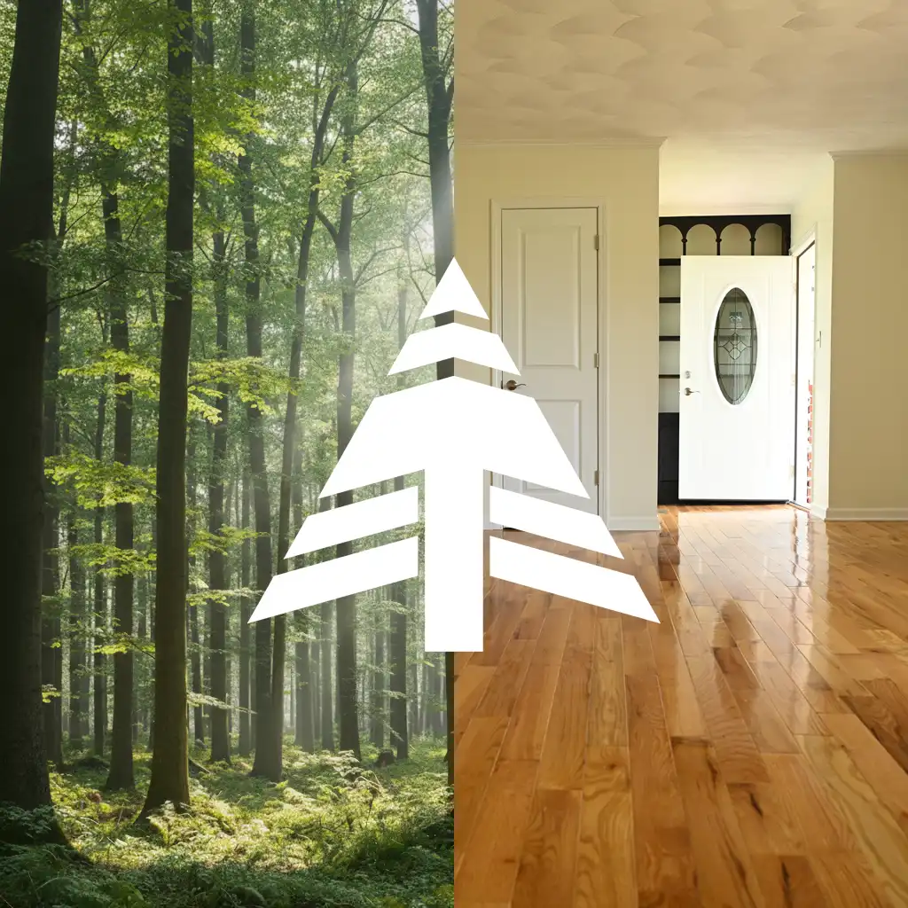 Forest to Finished Hardwood Flooring Split-screen graphic illustrating the Turman Hardwood Flooring manufacturing process, featuring a green sunlit forest on the left and a home entryway with polished hardwood floors on the right, united by a white geometric Turman Group logo in the center.