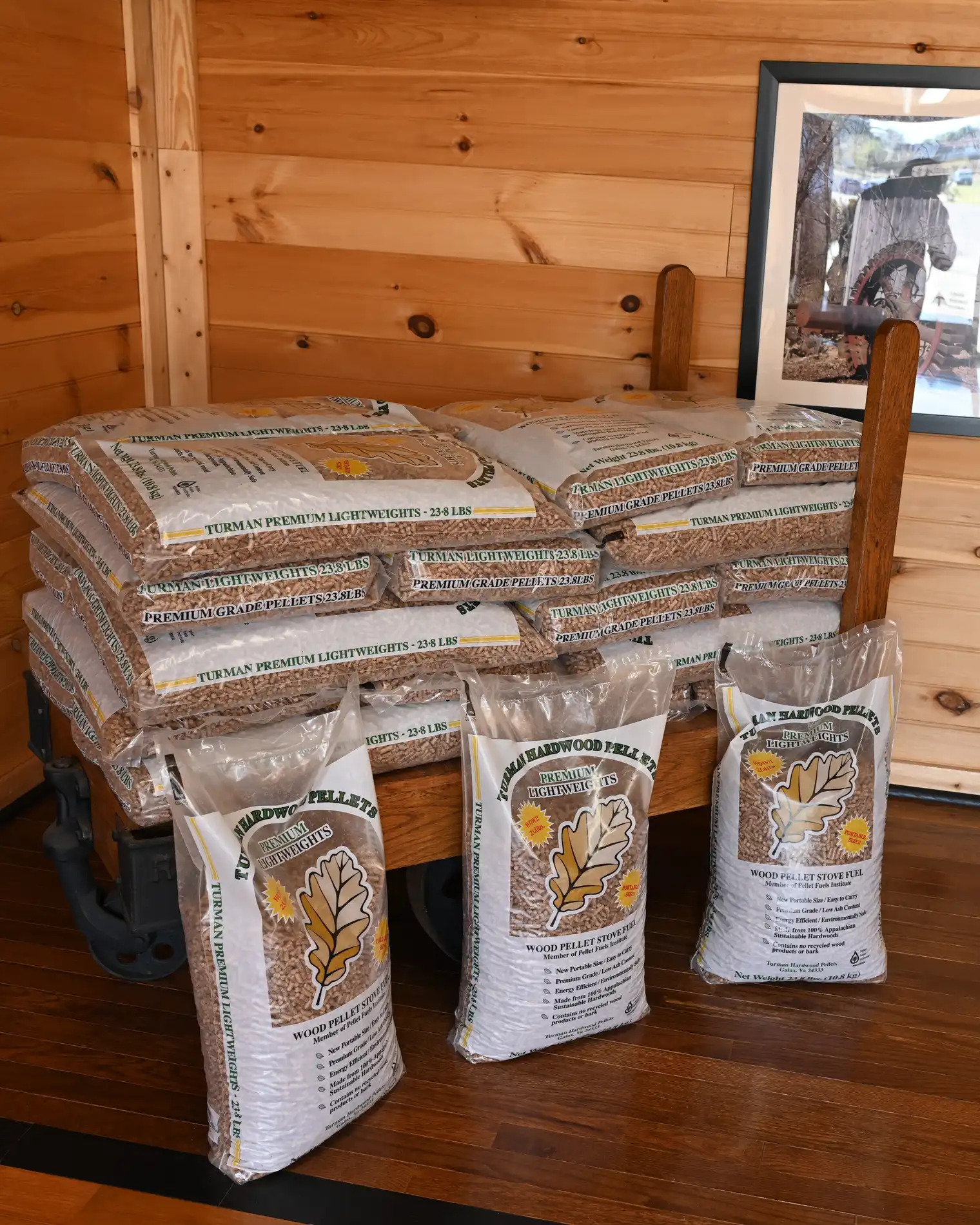 Turman Hardwood Pellets Product Display Stacked bags of Turman Hardwood Pellets made from Appalachian timber residuals in Galax, Virginia.